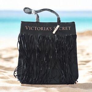 Victoria's Secret new with tag black tote bag with fringe faux leather